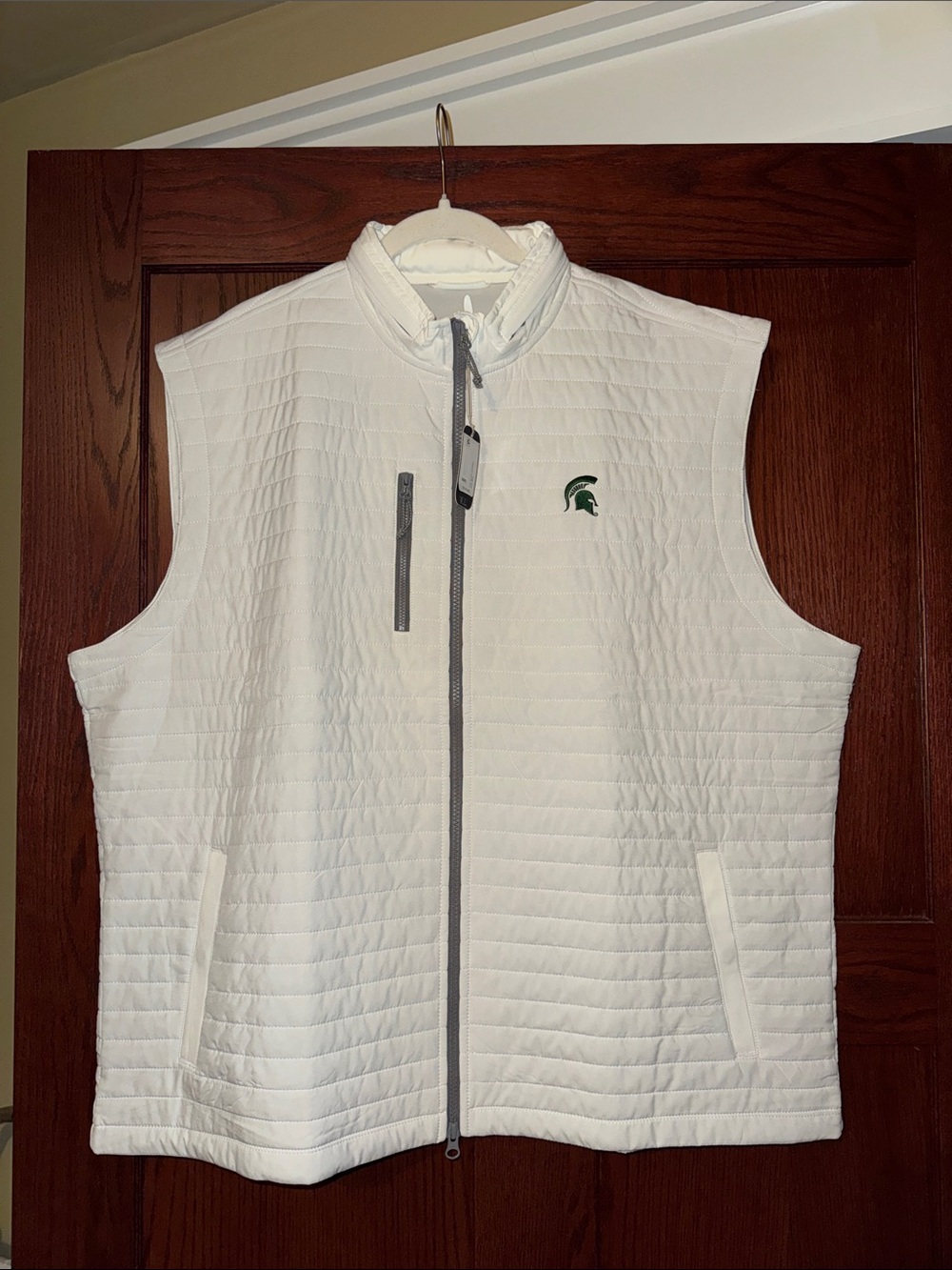 Johnnie-O Men’s White Quilted Vest with Green Spartan Logo